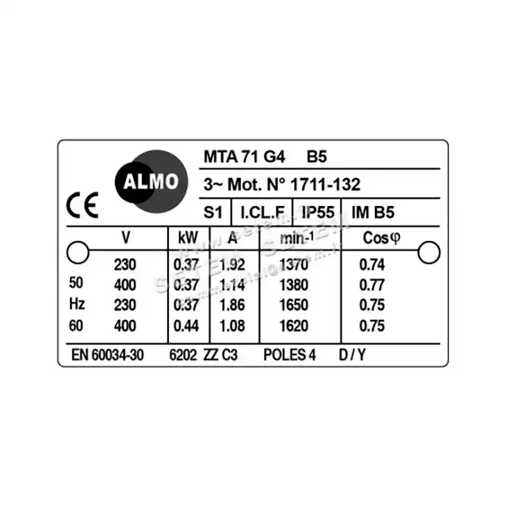 6006001041-MOTEUR ALMO 0.37KW 4P T230/400V HA71 B5 MTA71G4 2