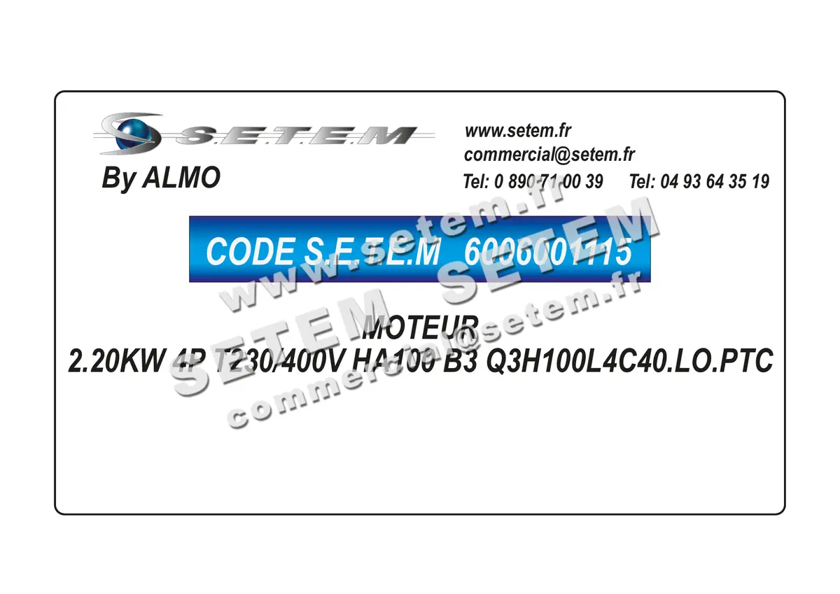 6006001115-MOTEUR ALMO 2.20KW 4P T230/400V HA100 B3 Q3H100L4C40.LO.PTC