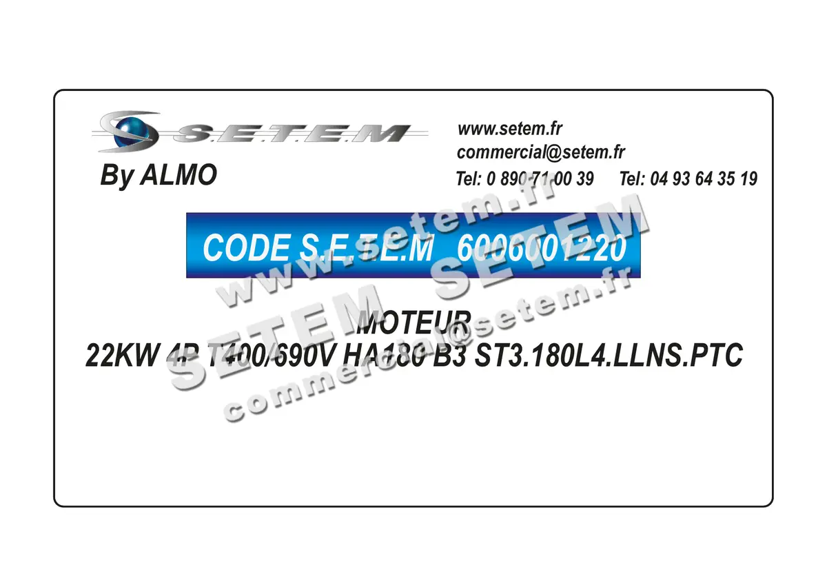 6006001220-MOTEUR ALMO 22KW 4P T400/690V HA180 B3 ST3.180L4.LLNS.PTC