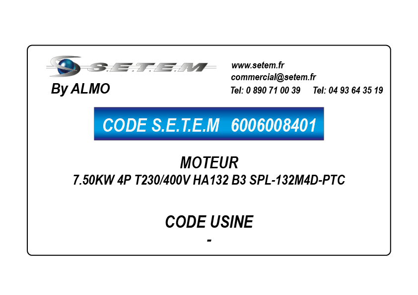 MOTEUR 7.50KW 4P T230/400V HA132 B3 SPL-132M4D-PTC