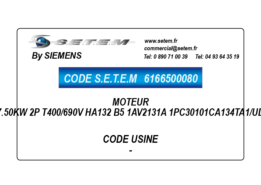 6166500080-MOTEUR SIEMENS 7.50KW 2P T400/690V HA132 B5 1AV2131A 1PC30101CA134TA1/UD