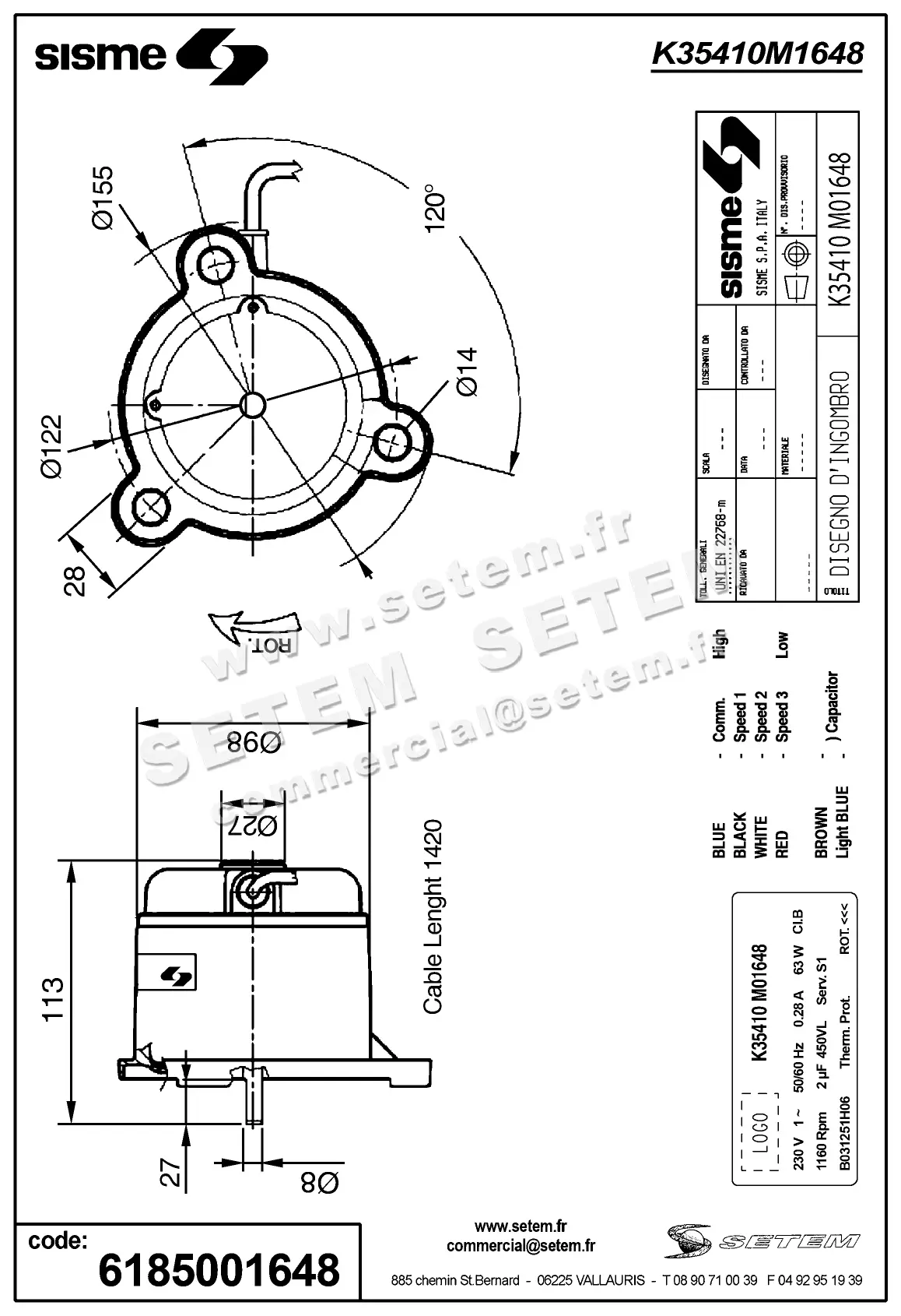 6185001648-MOTEUR SISME K35410M01648 "B031251H06" 2