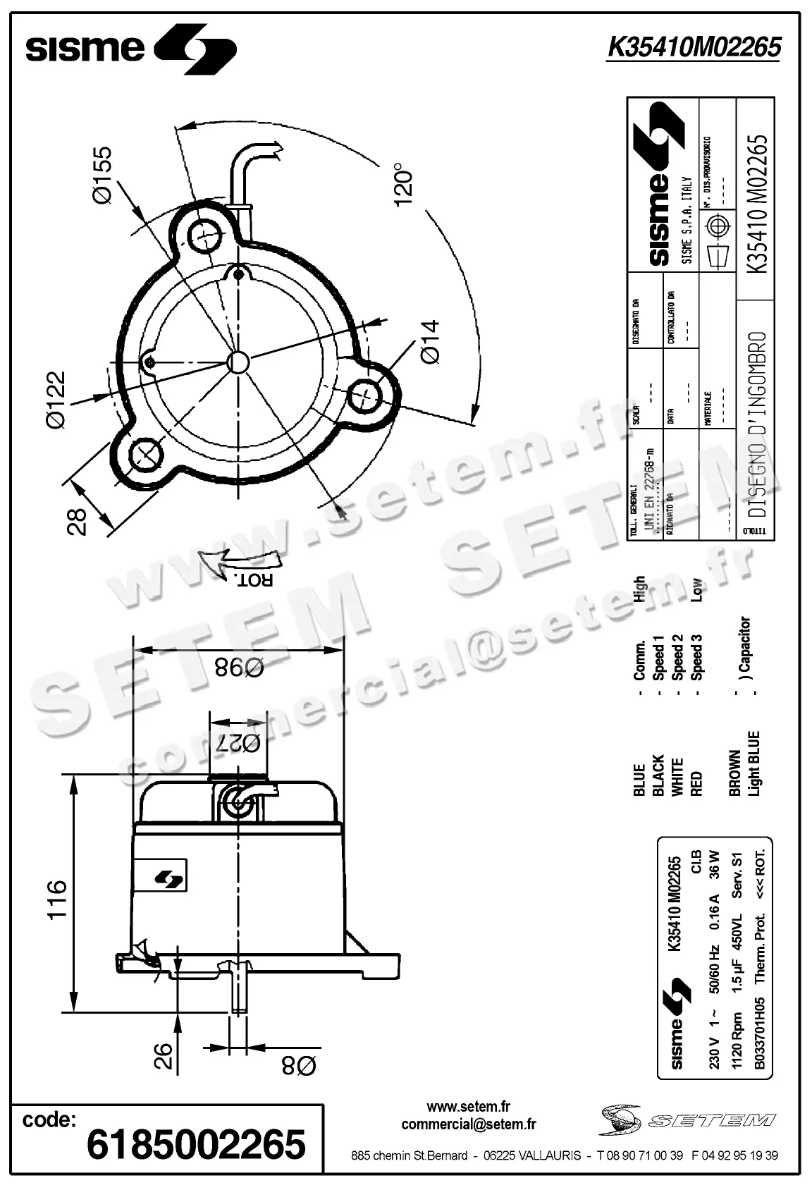 6185002265-MOTEUR SISME K35410MO2265 "B033701H05" 4