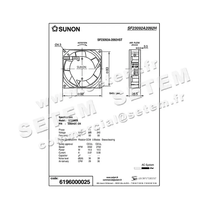 6196000025-VENTILATEUR SUNON SF23092A 2092HST.GN 2
