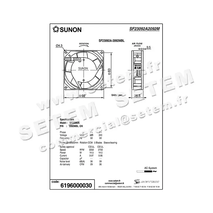 6196000030-VENTILATEUR SUNON SF23092A 2092MBL.GN 2