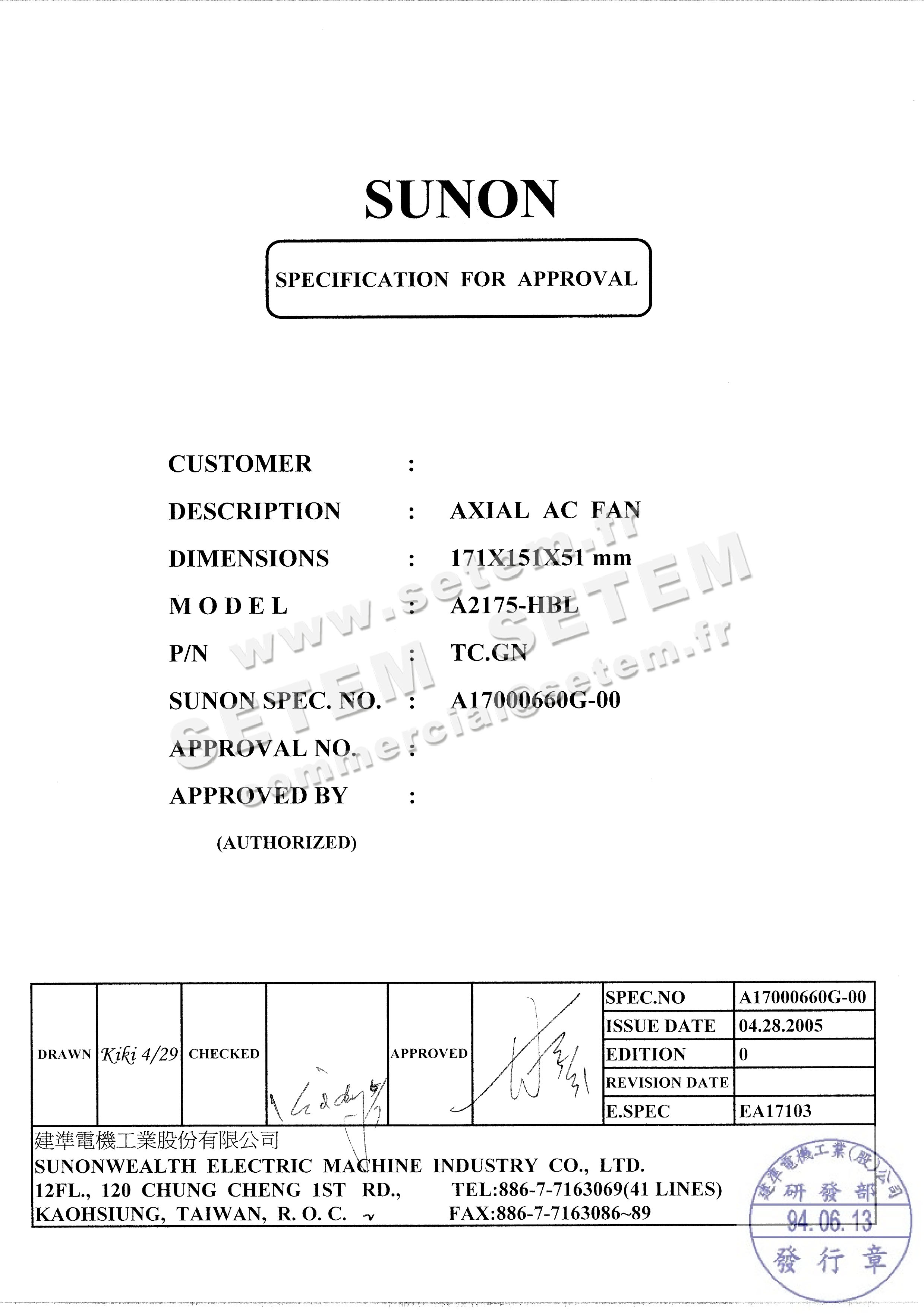 6196000114-VENTILATEUR SUNON A2175.HBL TC.GN