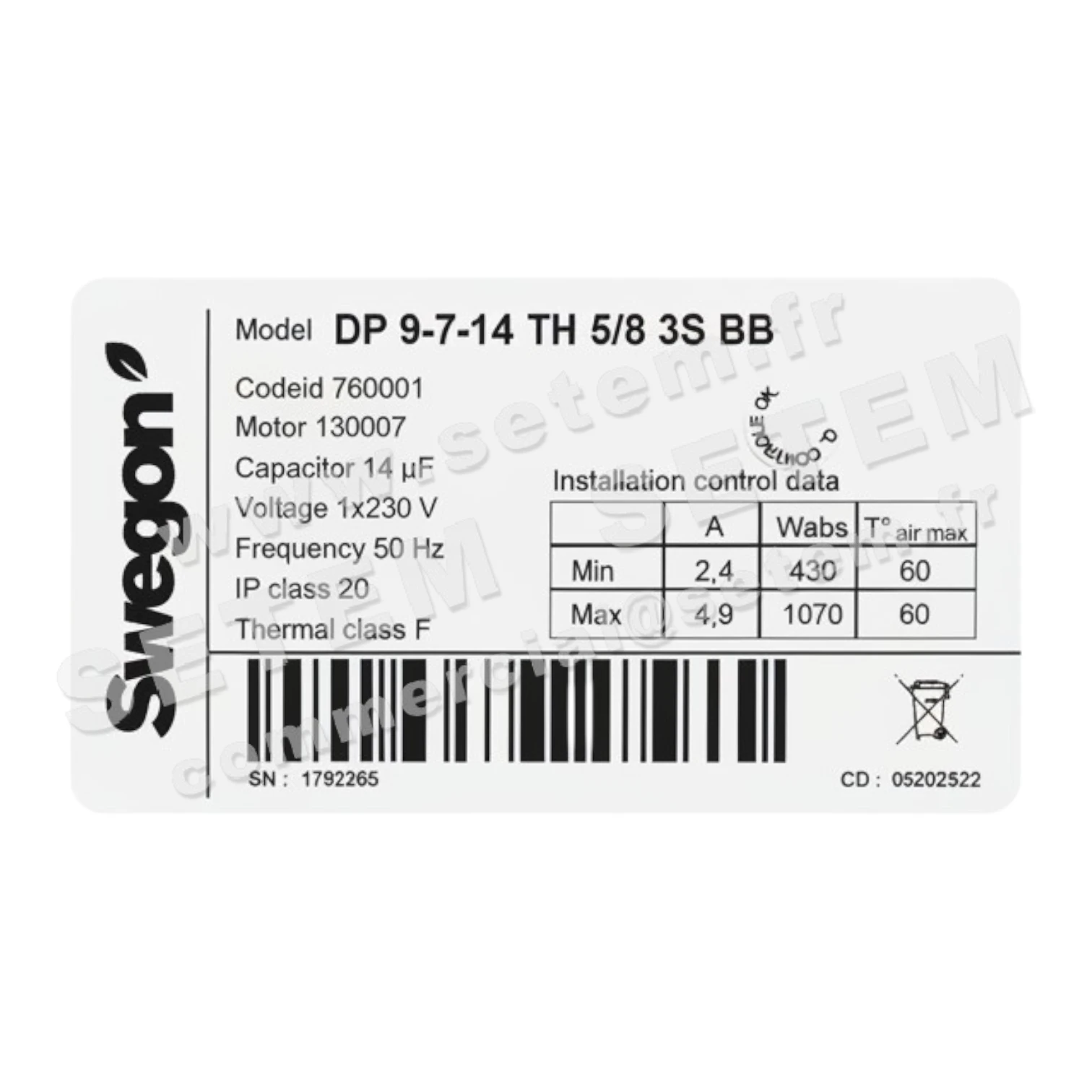 GMV DP9.7.14TH.5/8.3SBB 130007 11020207 *760001* 2