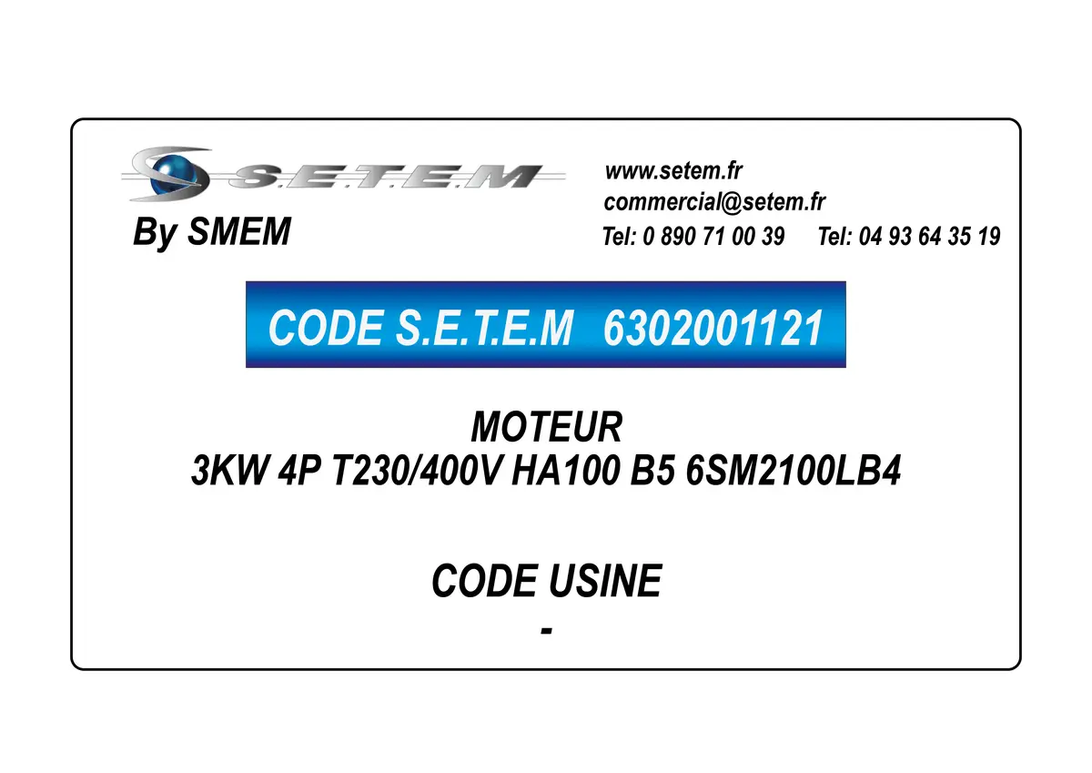 6302001121-MOTEUR SMEM 3KW 4P T230/400V HA100 B5 6SM2100LB4 3