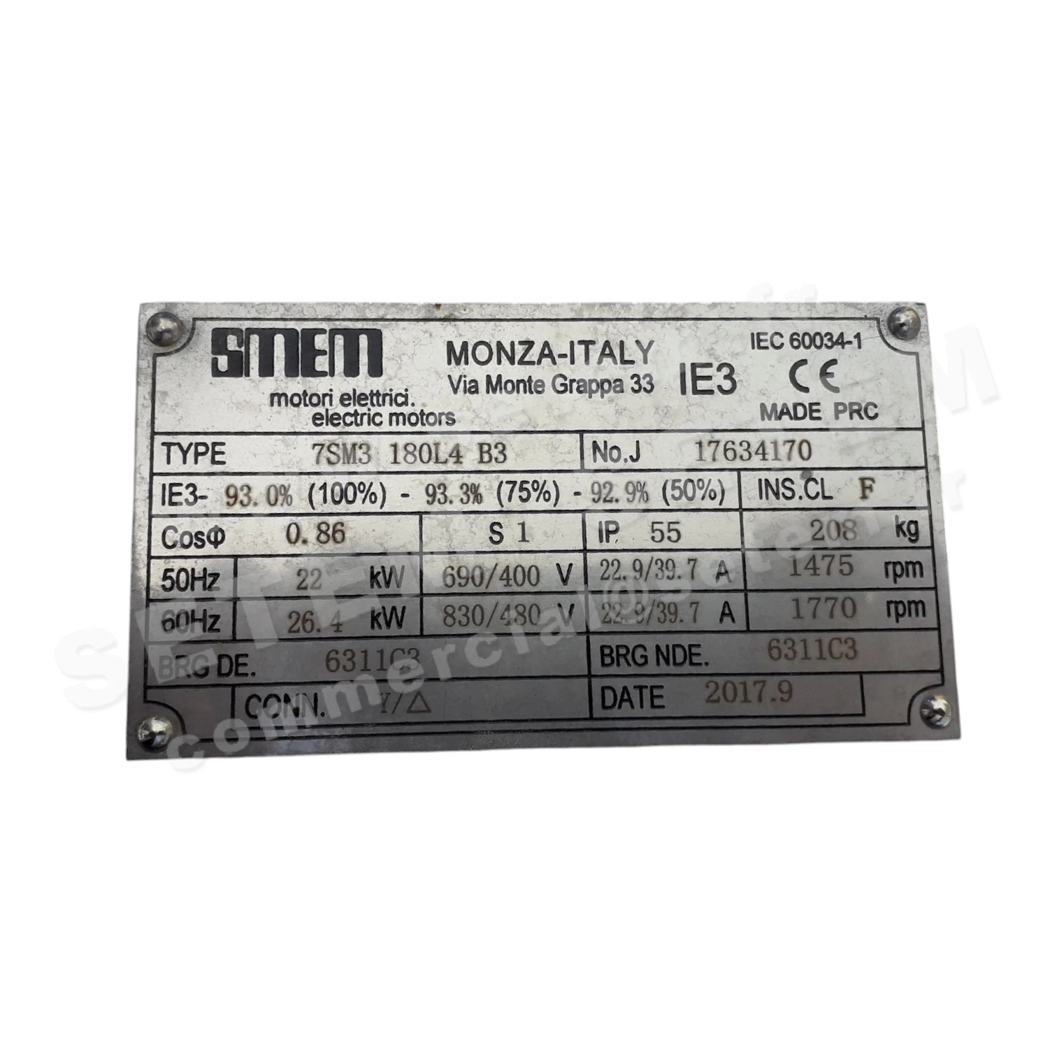 6302001220-MOTEUR SMEM 22KW 4P T400/690V HA180 B3 7SM3180L4