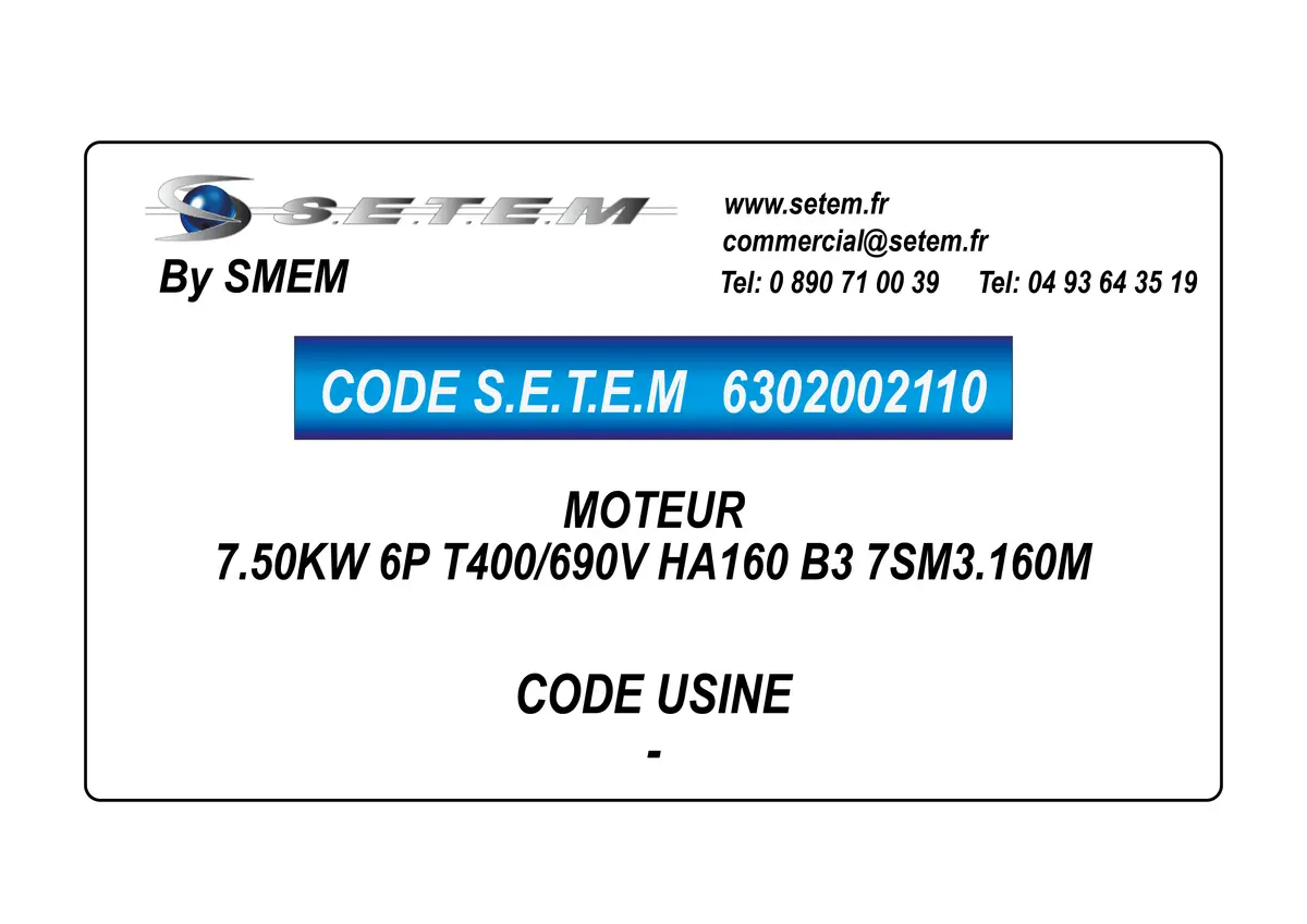 6302002110-MOTEUR SMEM 7.50KW 6P T400/690V HA160 B3 7SM3.160M