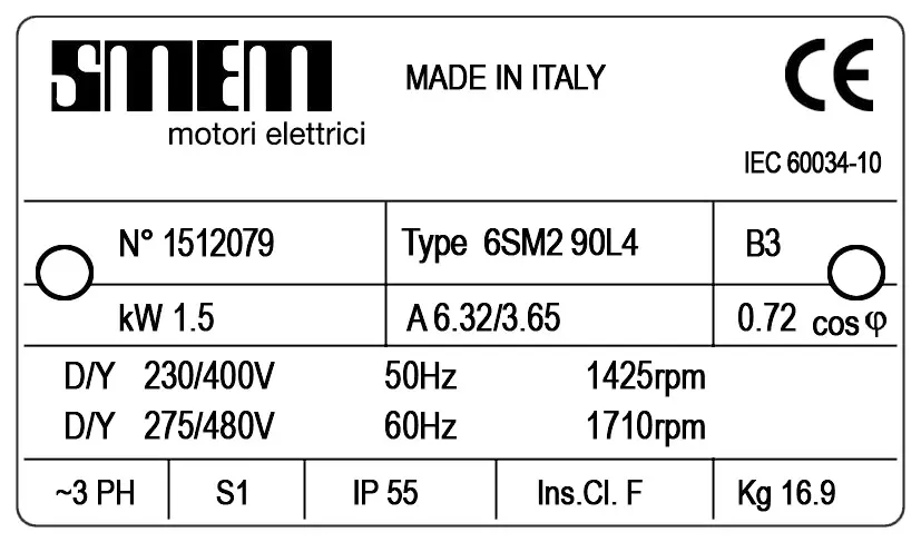 6302003011-MOTEUR SMEM 1.50KW 4P T230/400V HA90 B3 6SM290L4 *1512079* 2