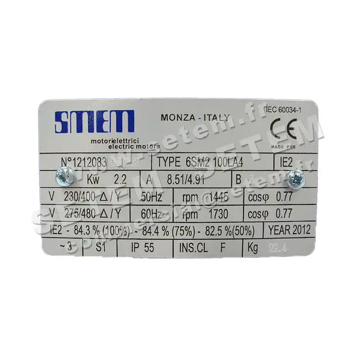 6302005081-MOTEUR SMEM 2.20KW 4P T230/400V HA100 B3 *6SM2.100LA4* 2