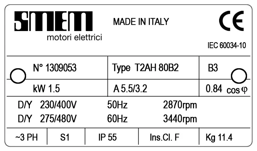 6302005111-MOTEUR SMEM 1.50KW 2P T230/400V HA80 B3 *T2AH80B2* 2