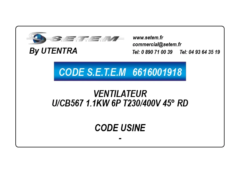 6616001918-VENTILATEUR UTENTRA U/CB567 1.1KW 6P T230/400V 45° RD
