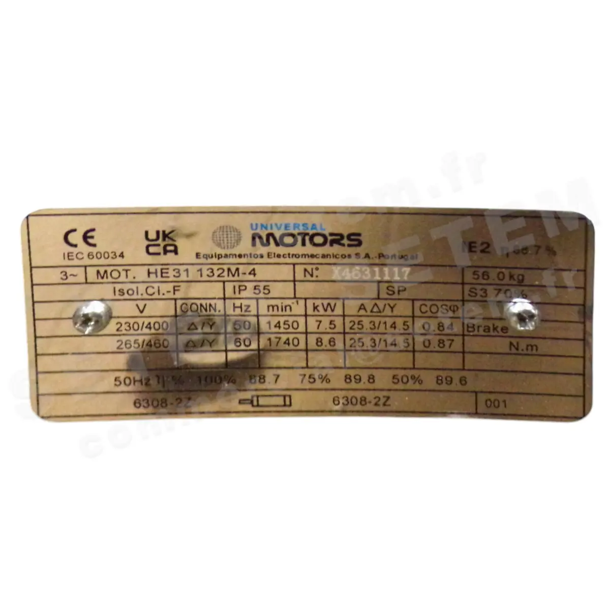 6623001165-MOTEUR UNIVERSAL MOTORS 7.50KW 4P T230/400V HA132 B3 HE31.132M-4