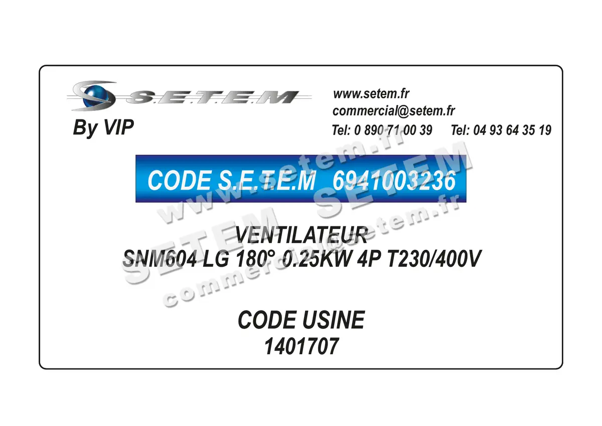 6941003236-VENTILATEUR VIP SNM604 LG 180° 0.25KW 4P T230/400V *1401707*