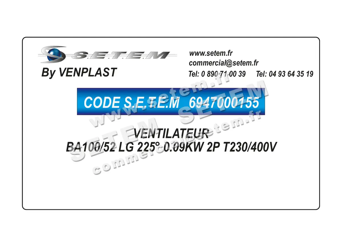 6947000155-VENTILATEUR VENPLAST BA100/52 LG 225° 0.09KW 2P T230/400V