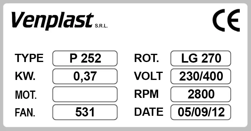 6947001266-VENTILATEUR VENPLAST P252 LG 270° 0.37KW 2P T230/400V 2