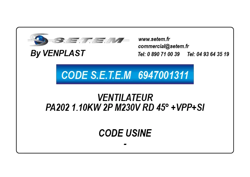 6947001311-VENTILATEUR VENPLAST PA202 1.10KW 2P M230V RD 45° +VPP+SI