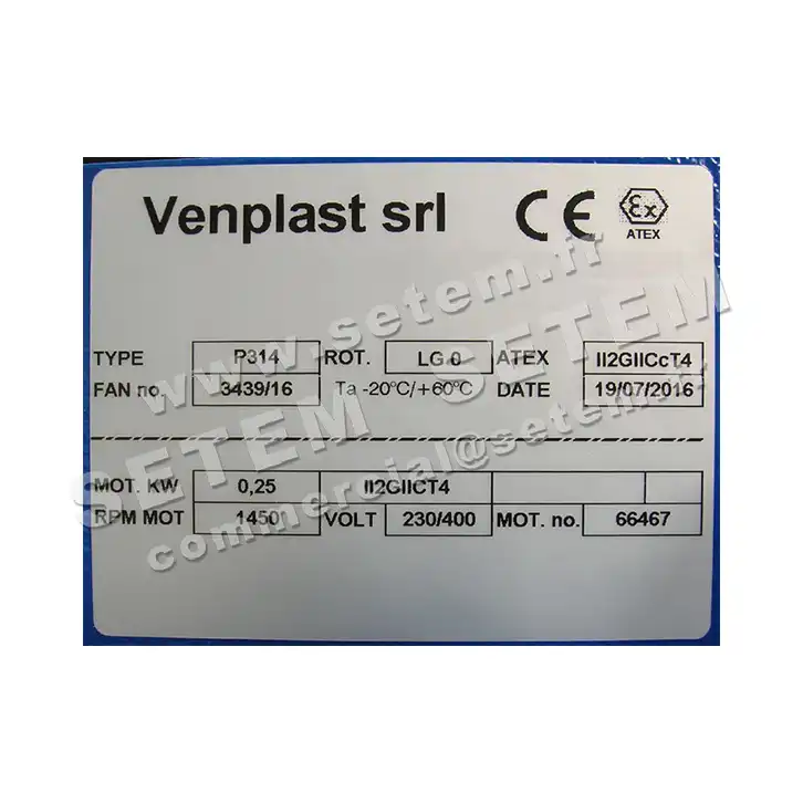 6947001520-VENTILATEUR VENPLAST P314 LG 0° 0.25KW 4P T230/400V II2GIICCT4 5