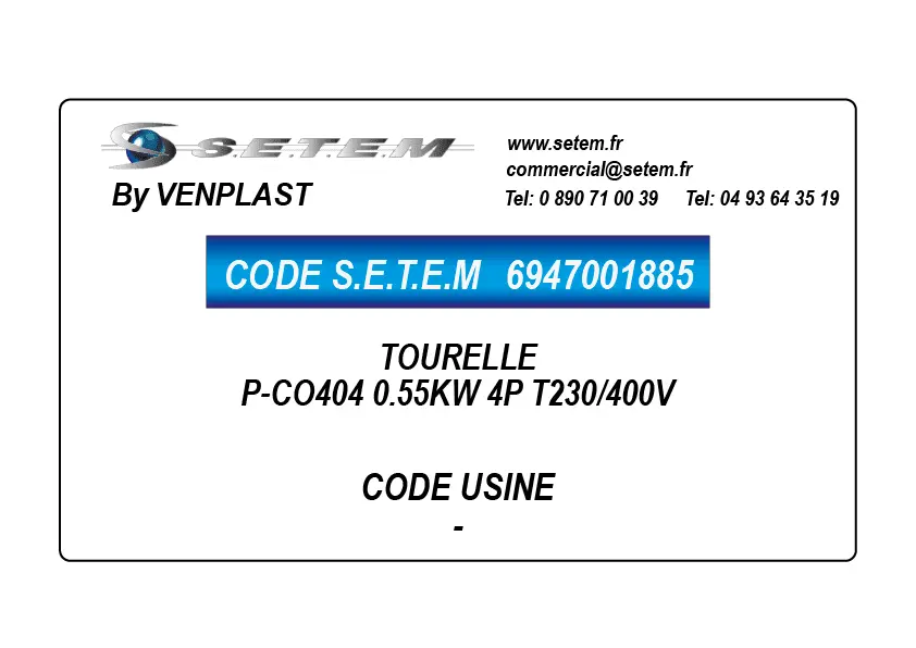 6947001885-TOURELLE VENPLAST P-CO404 0.55KW 4P T230/400V
