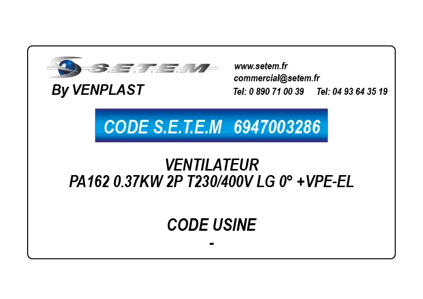 6947003286-VENTILATEUR PA162 0.37KW 2P T230/400V LG 0° +VPE-EL