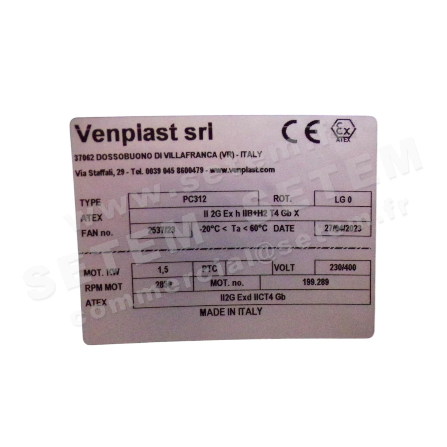 6947005200-VENTILATEUR VENPLAST PC312 1.50KW 2P T230/400V LG 0° ATEX 4