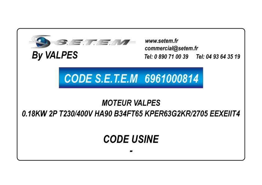 6961000814-MOTEUR VALPES 0.18KW 2P T230/400V HA90 B34FT65 KPER63G2KR/2705 EEXEIIT4