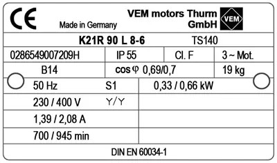6961005037-MOTEUR VEM 0.66/.033KW 6/8P T400V HA90 B14 K21R90L8.6L 2