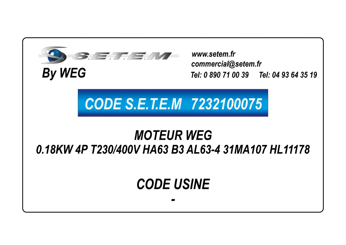 7232100075-MOTEUR WEG 0.18KW 4P T230/400V HA63 B3 AL63-4 31MA107 HL11178