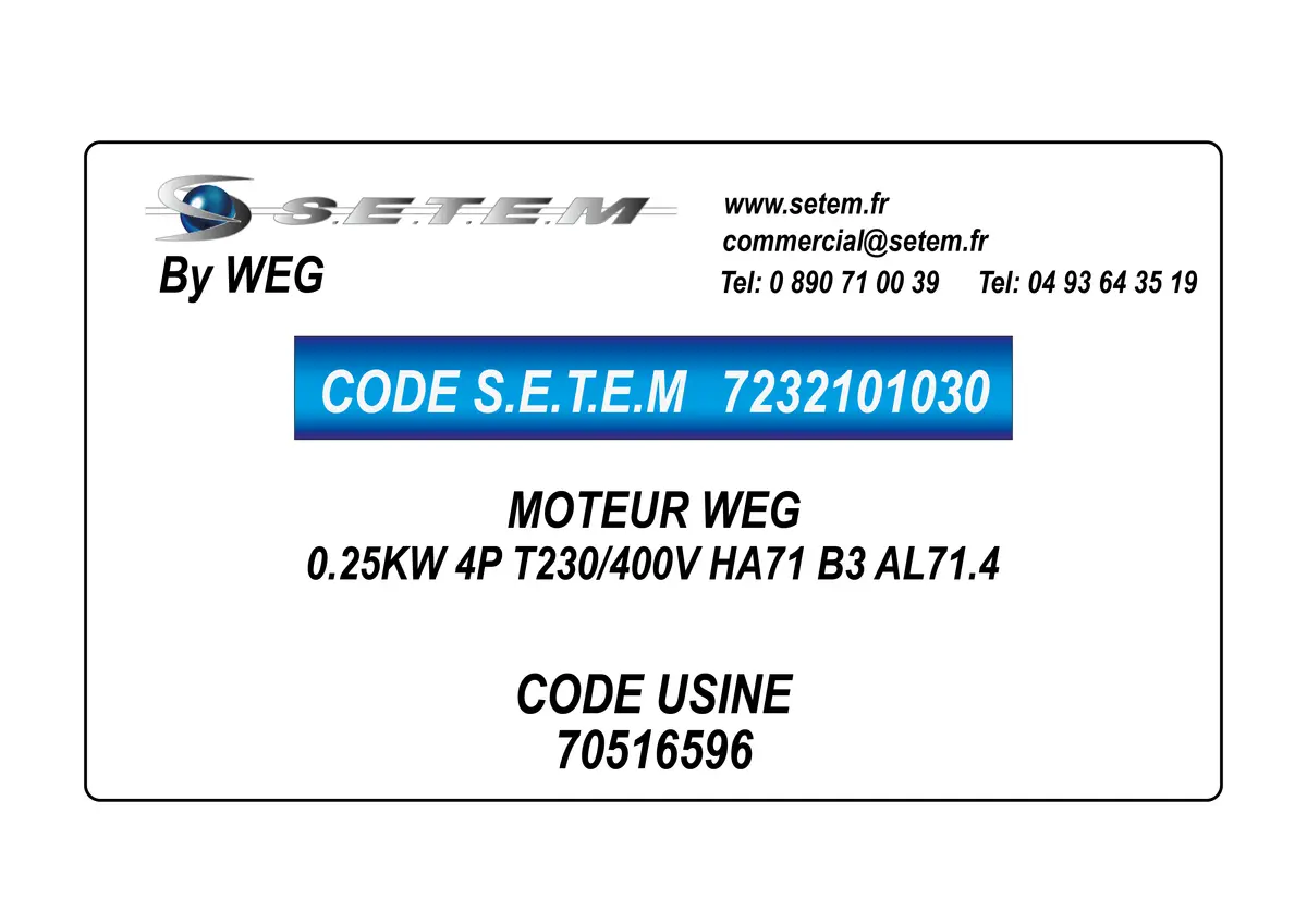 7232101030-MOTEUR WEG 0.25KW 4P T230/400V HA71 B3 AL71.4 *70516596*