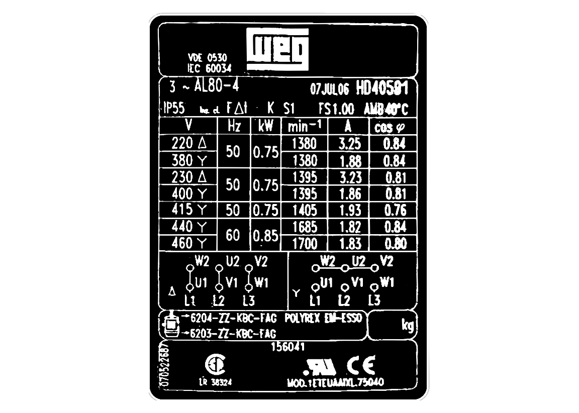 7232101060-MOTEUR WEG 0.75KW 4P T230/400V HA80 B3 AL80-04 2