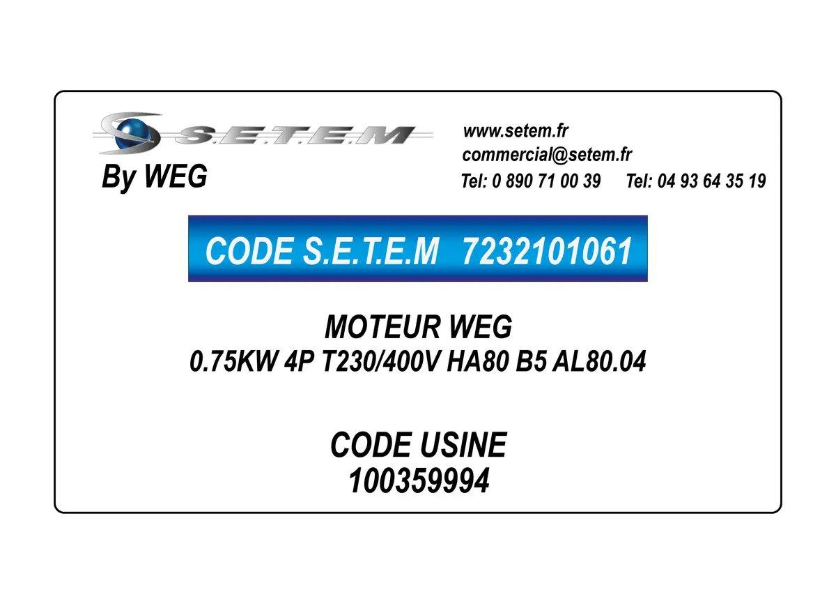 7232101061-MOTEUR WEG 0.75KW 4P T230/400V HA80 B5 AL80.04 *100359994*
