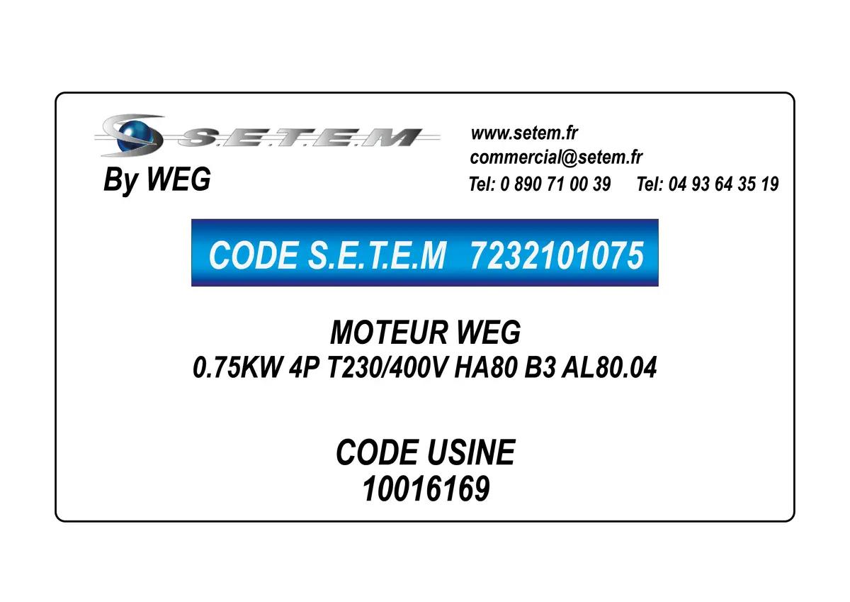 7232101075-MOTEUR WEG 0.75KW 4P T230/400V HA80 B3 AL80.04 *10016169* 2