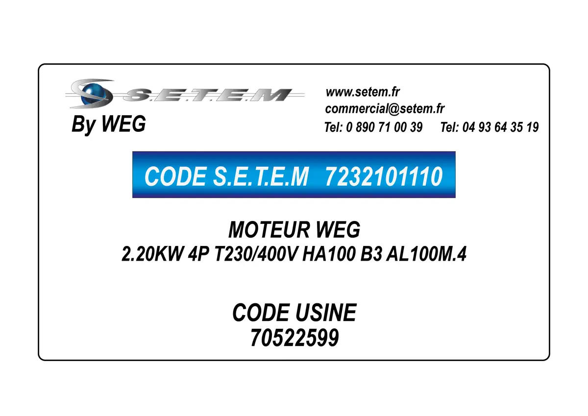 7232101110-MOTEUR WEG 2.20KW 4P T230/400V HA100 B3 AL100M.4 *70522599*