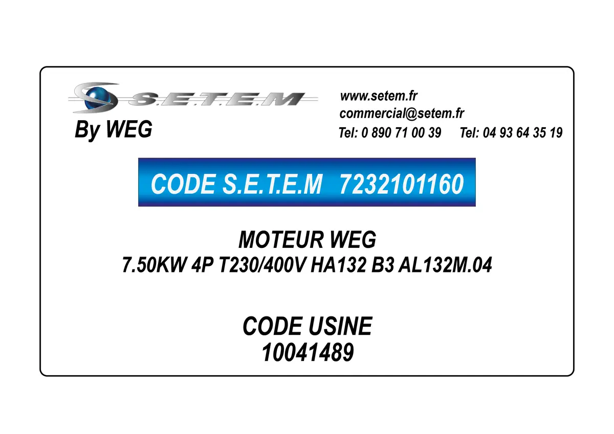 7232101160-MOTEUR WEG 7.50KW 4P T230/400V HA132 B3 AL132M.04 *10041489*