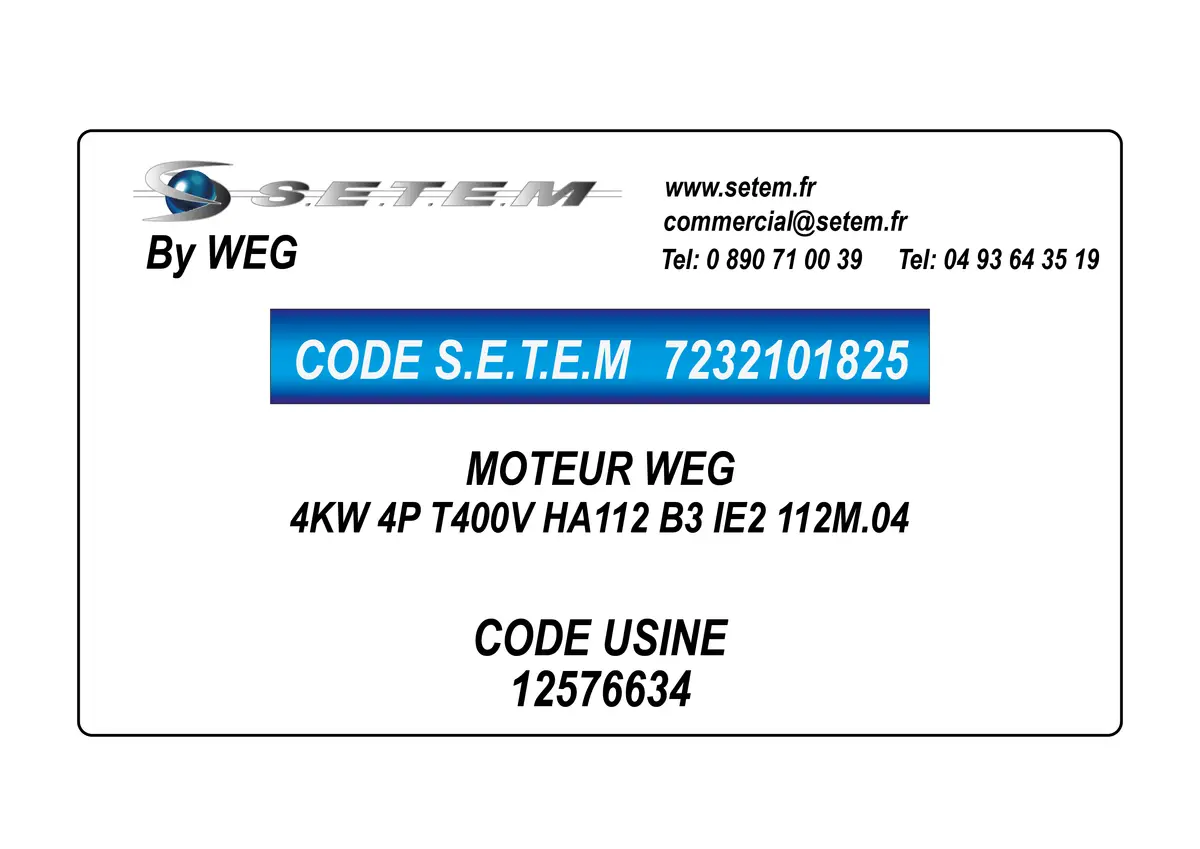7232101825-MOTEUR WEG 4KW 4P T400V HA112 B3 IE2 112M.04 *12576634* 2
